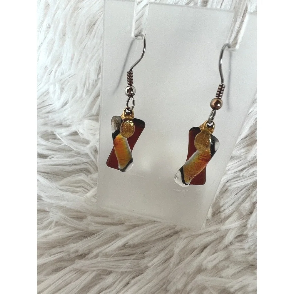 Dichroic‎ Glass Drop Earrings Amber Copper Gold Leaf Twist Dangle Artisan Boho